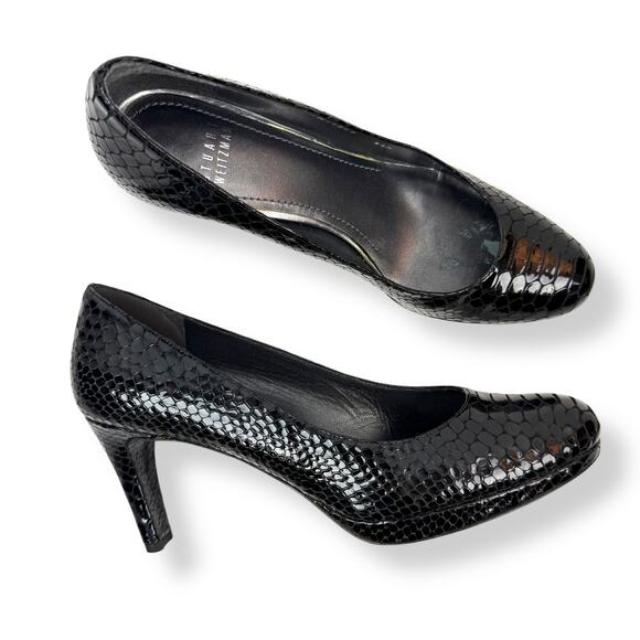 STUART WEITZMAN shiny black snakeskin leather platform heels - Picture 3 of 16